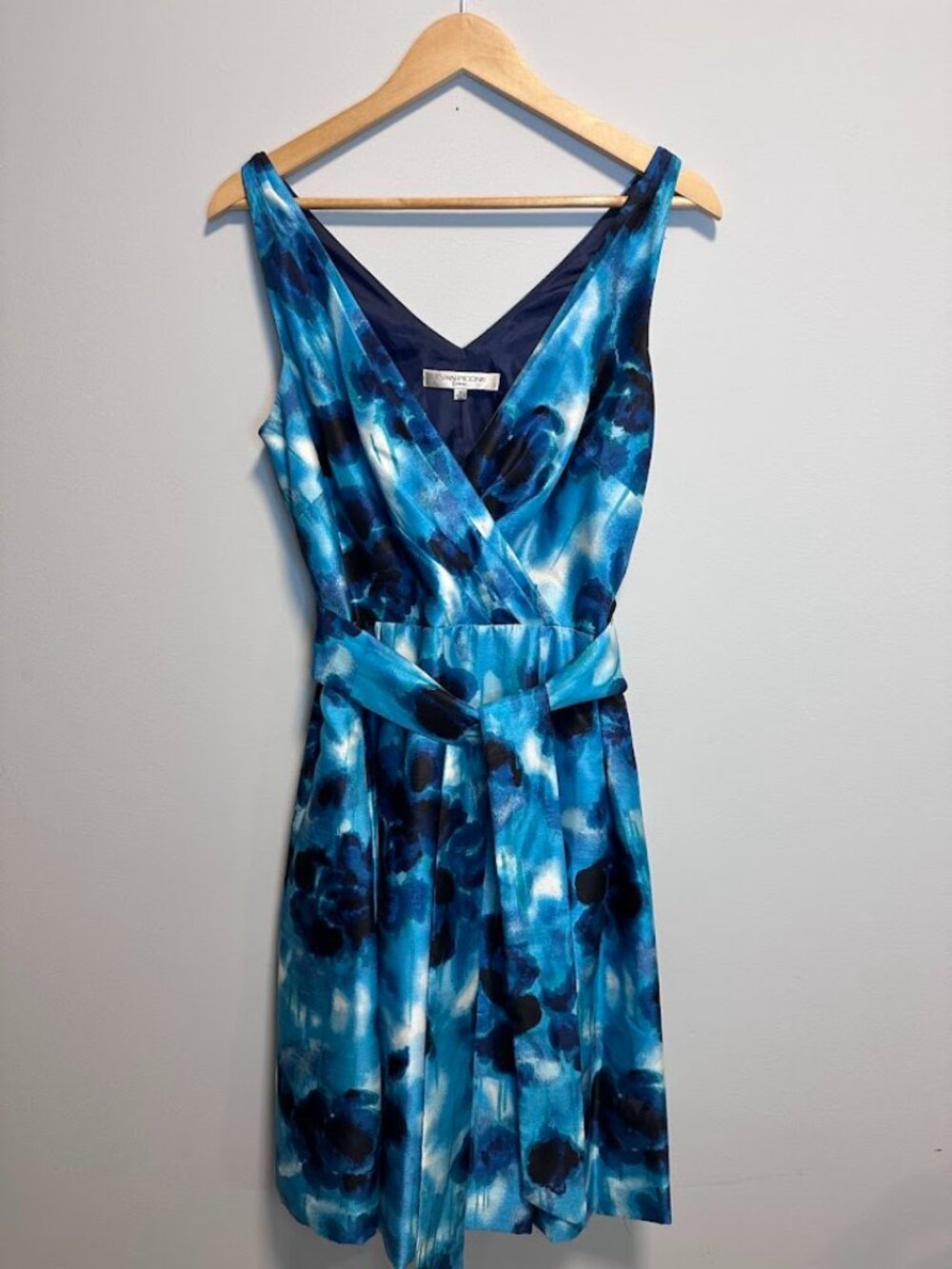 Evan-Picone Blue Watercolor Satin Faux-Wrap Cocktail Dress - Size 12
